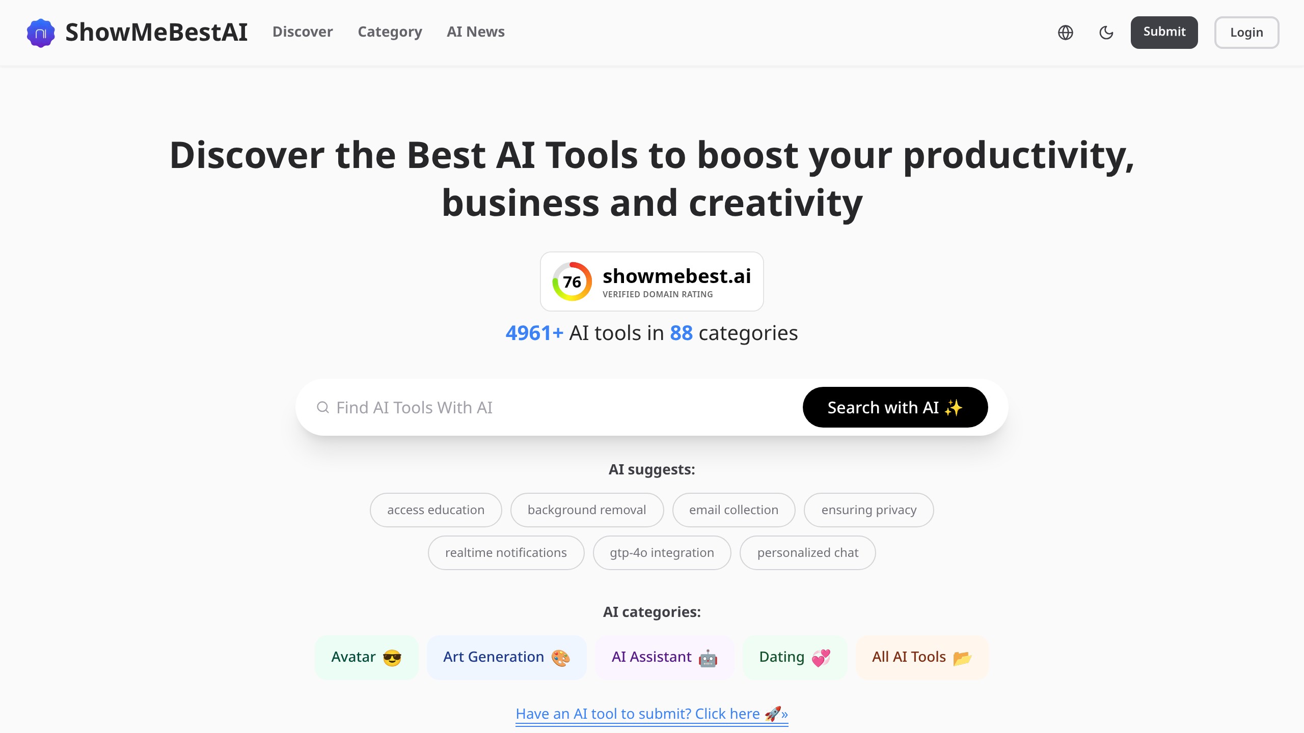 ShowMeBestAI homepage showing AI directory listing