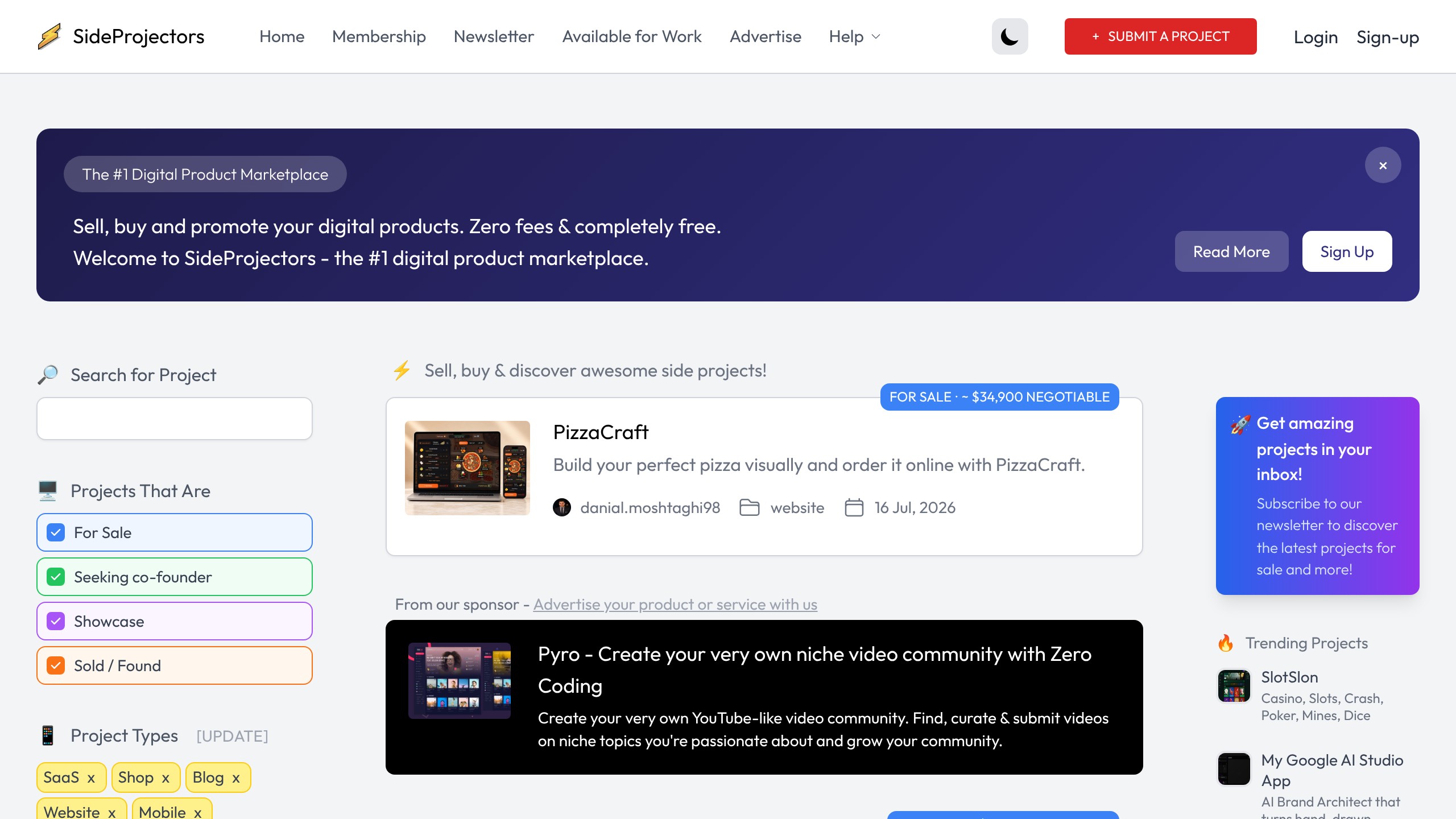 SideProjectors homepage showing AI directory listing