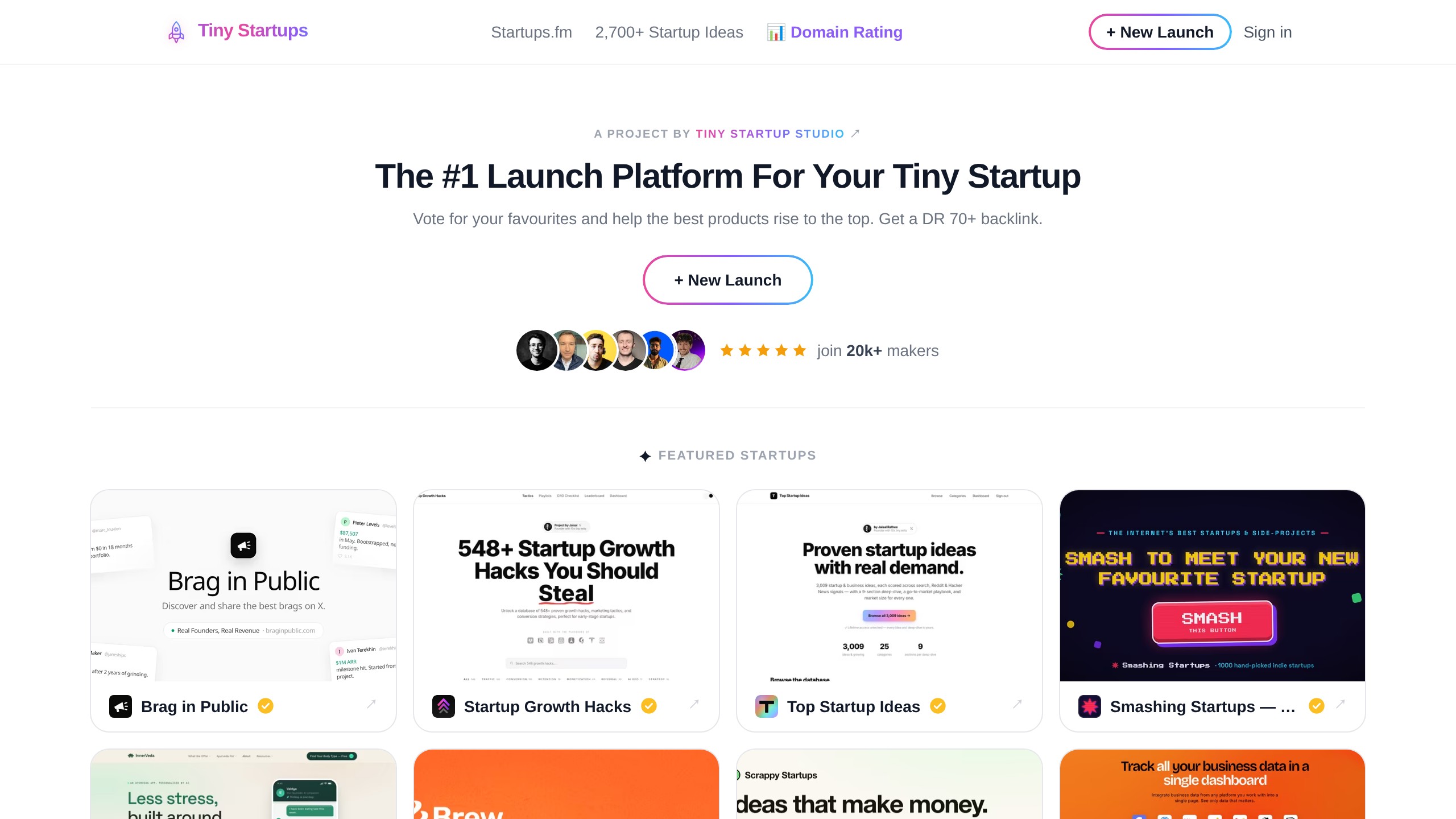 Tiny Startups homepage showing AI directory listing