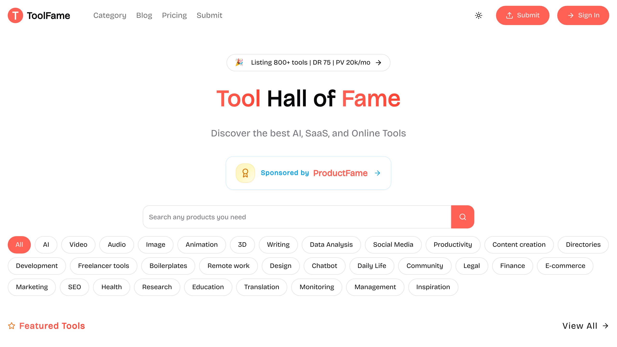 ToolFame homepage showing SaaS directory listing
