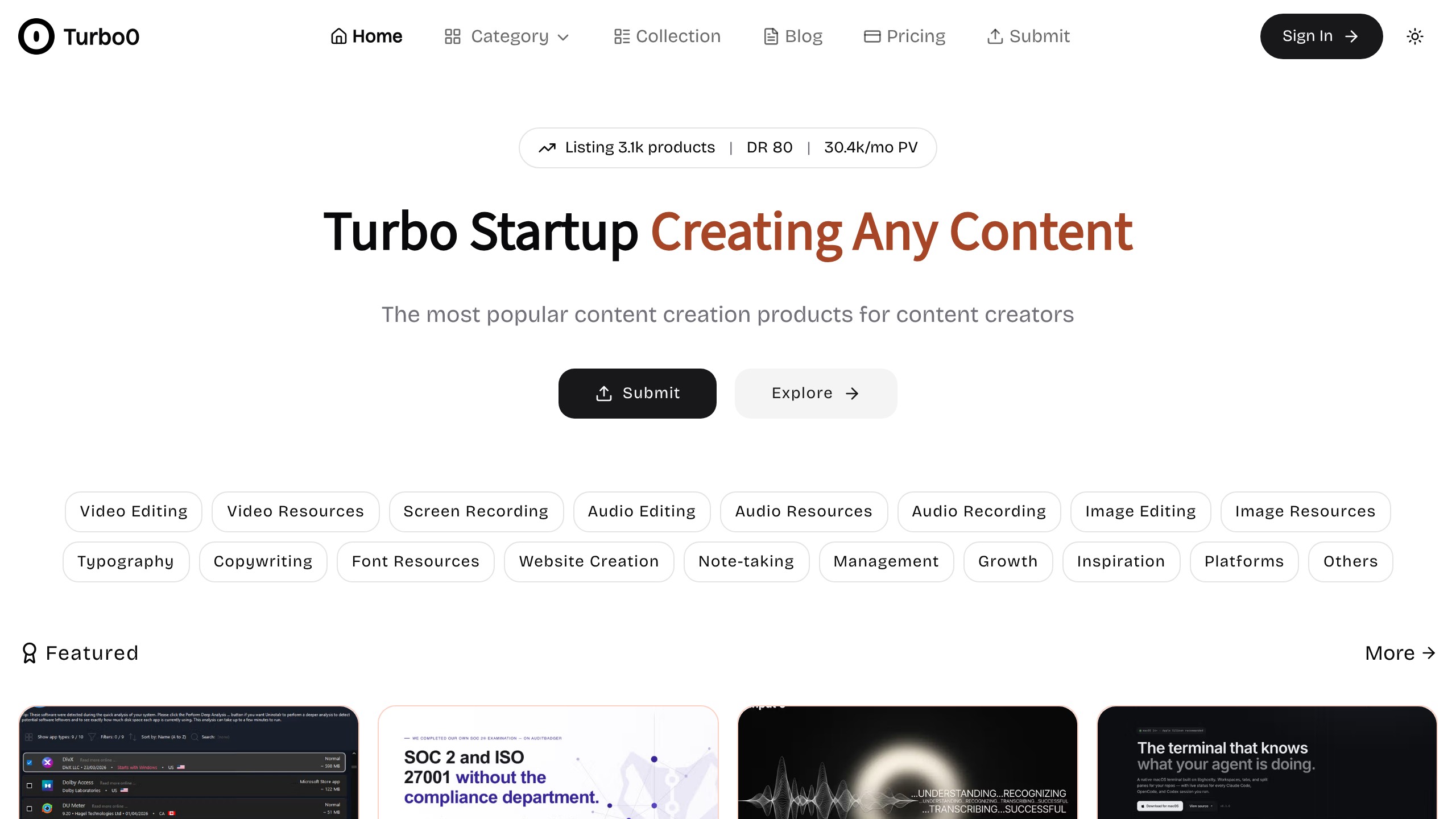 Turbo0 homepage showing AI directory listing