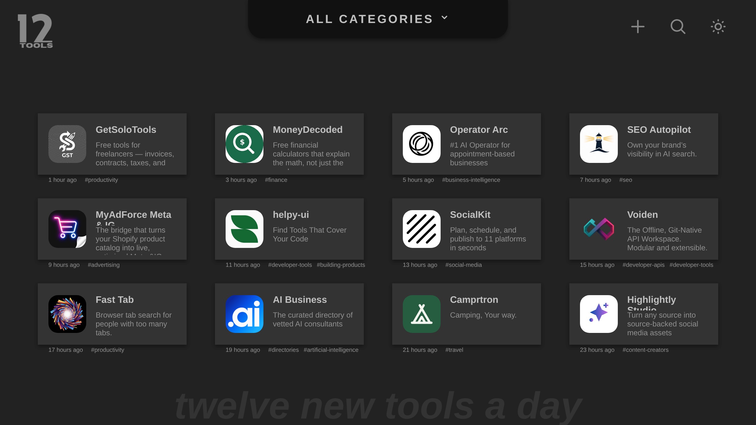 Twelve Tools homepage showing AI directory listing