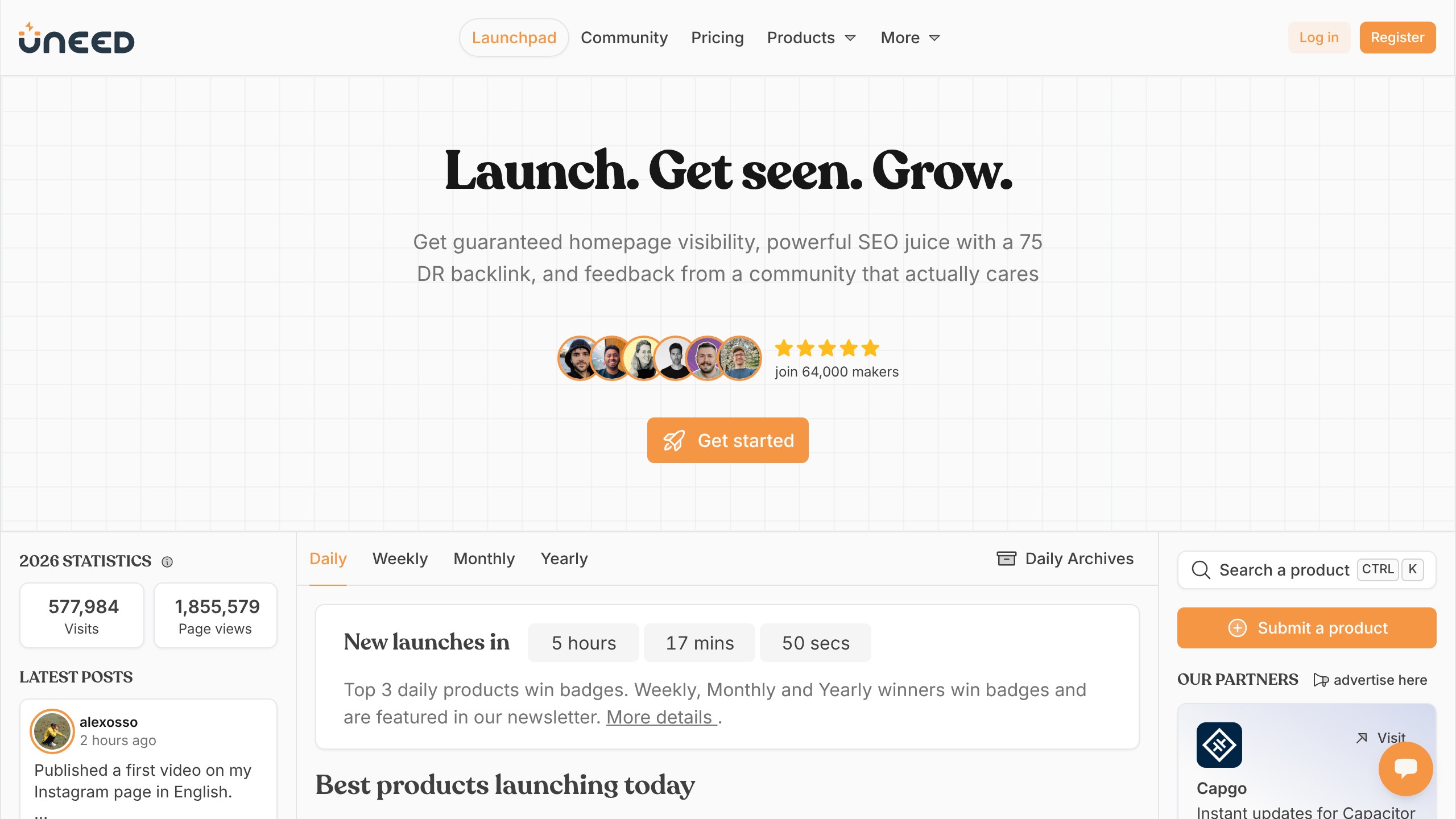 Uneed Best homepage showing Launch Platforms directory listing