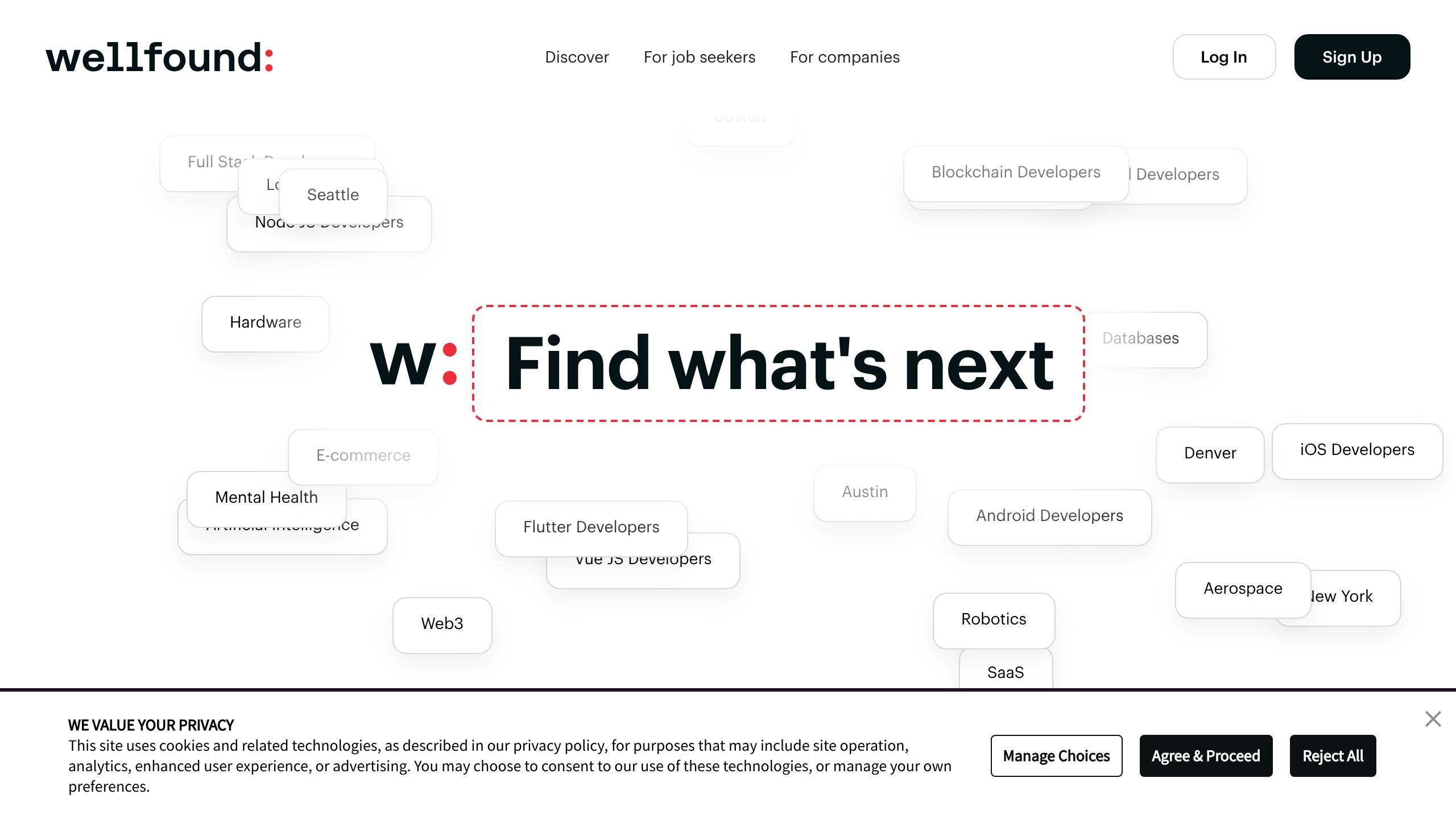 Wellfound homepage showing Startup Job Board & Company Directory directory listing