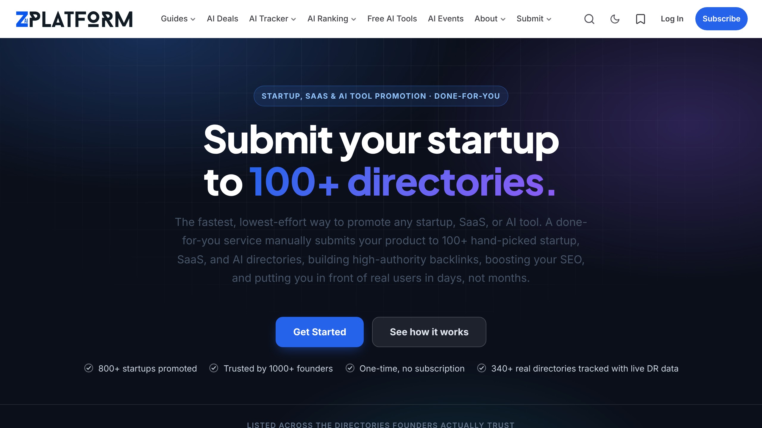 ZPlatform AI directory submission service page listing 340+ startup and AI directories