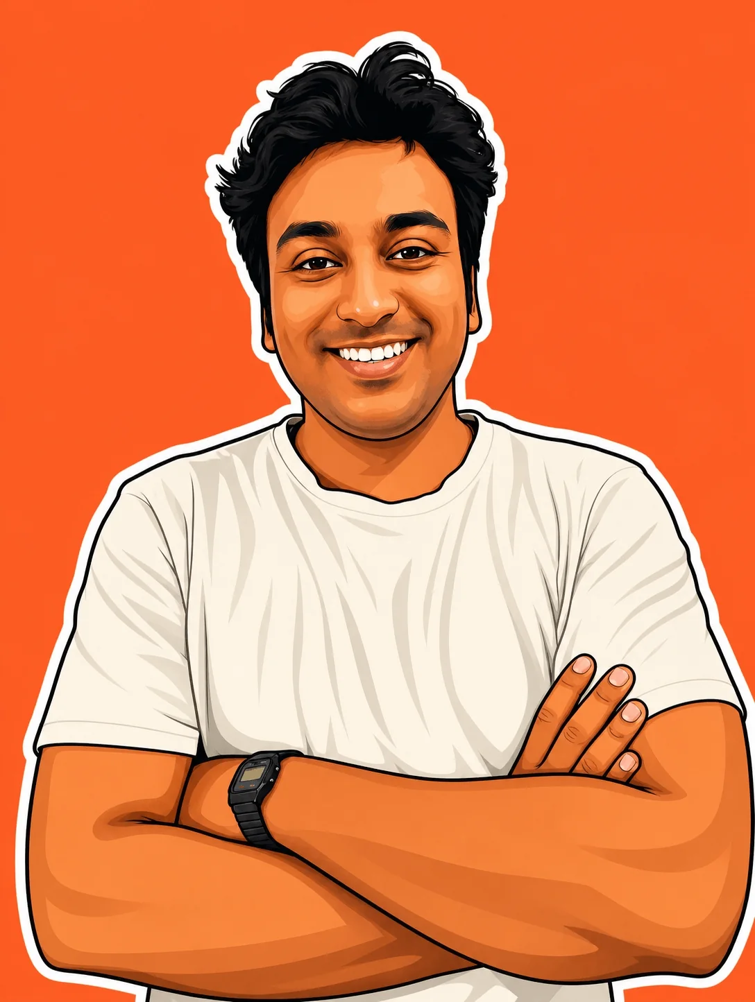 Illustrated portrait of Alston Antony standing with arms crossed in a white t-shirt against an orange background