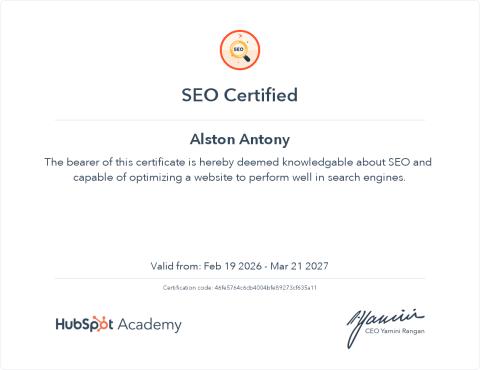 HubSpot SEO certification awarded to Alston Antony