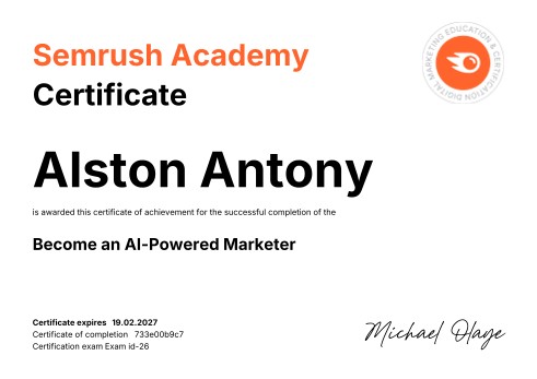 Semrush AI-Powered Marketer certification awarded to Alston Antony